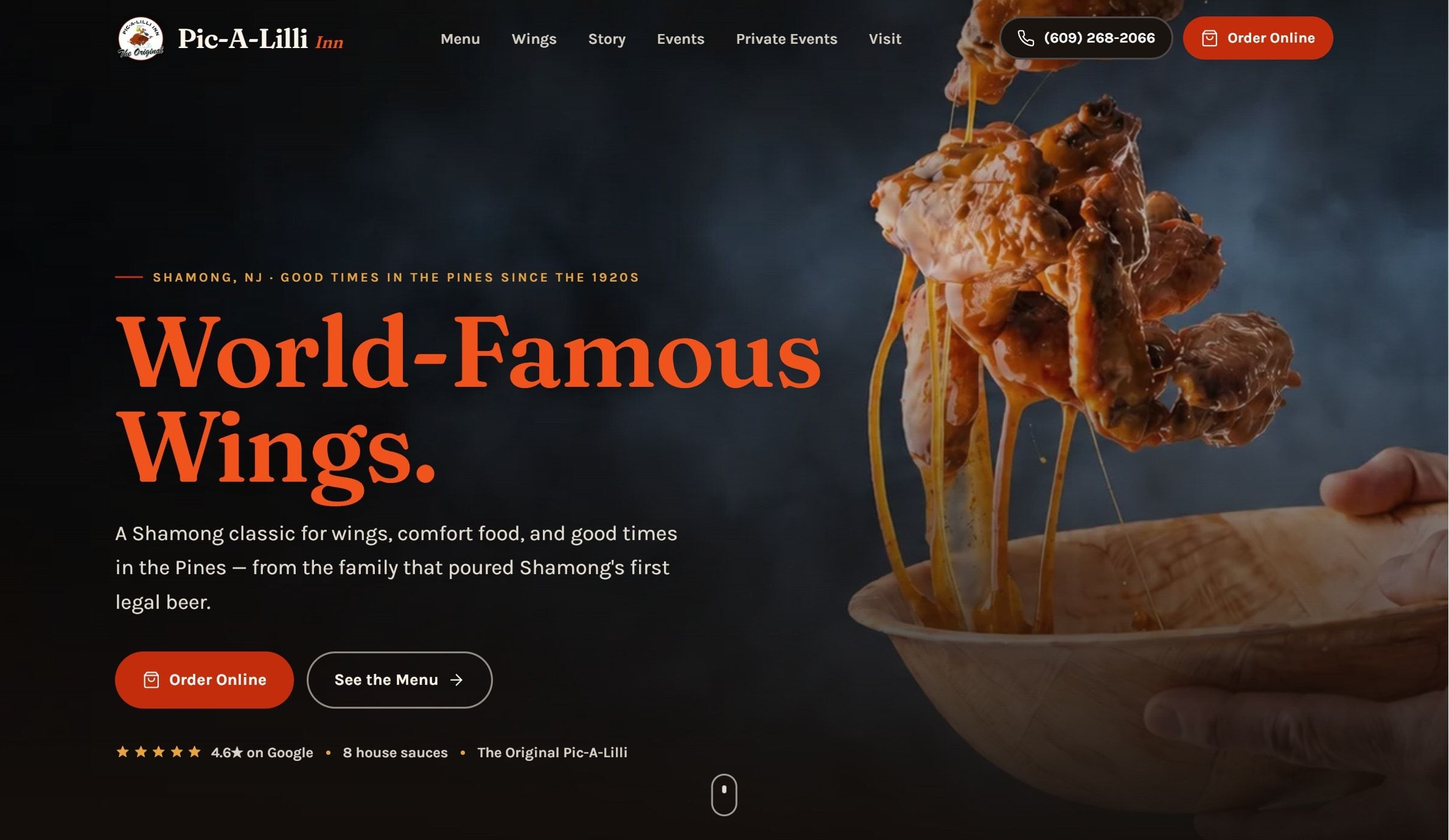 The Pic-A-Lilli Inn homepage: “World-Famous Wings” over a photograph of saucy wings being lifted from a bowl